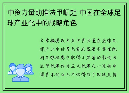 中资力量助推法甲崛起 中国在全球足球产业化中的战略角色