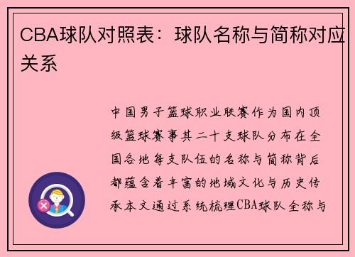 CBA球队对照表：球队名称与简称对应关系
